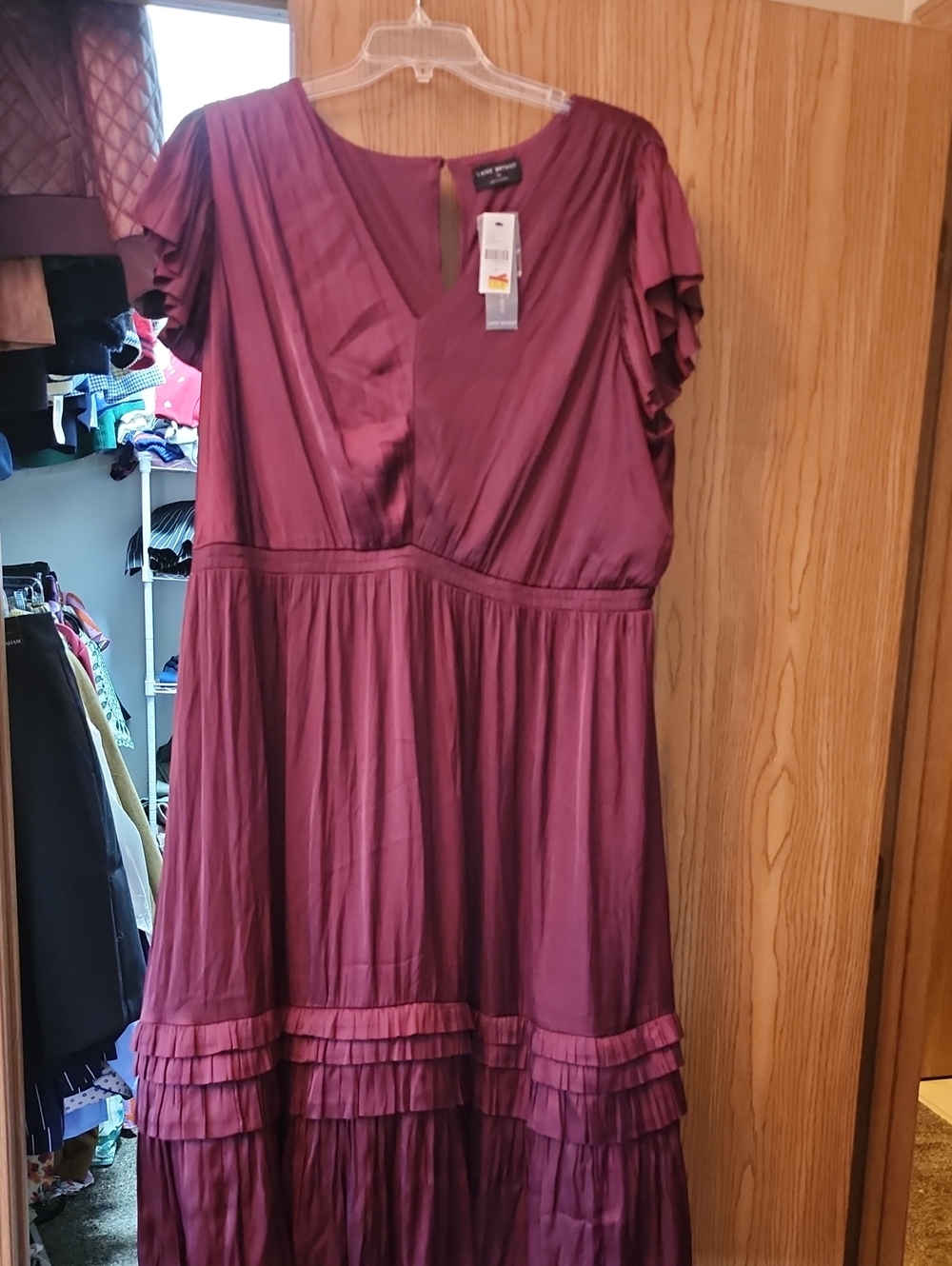 Lane Bryant Burgandy V-Neck Tiered Midi Dress